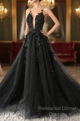 Classic Black Lace Tulle Long Semi Formal Prom Dress Black Evening Dress